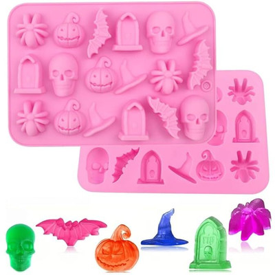 Husaini Mart Silicone Fondant & Gum paste Mould Skytail 18 Cavity Silicone Halloween Mold Ghost Pumpkin Bat Skull Witch Hat for DIY Halloween Chocolate Candy Baking Cupcakes Candy Cookies Soap Gummy Jelly Dessert Halloween Gummy Molds(Pack of 1)