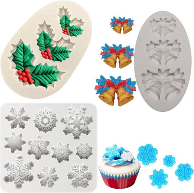 Husaini Mart Silicone Fondant & Gum paste Mould 3D Snowflake Holly Leaf and Bell Silicone Fondant Mould Winter Christmas Fondant Xmas Mold for Cake Cupcake Decoration Polymer Clay DIY Crafting Projects (Pack of 3)(Pack of 1)