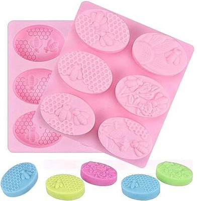 BAKEMO Silicone Cake Mould 6 cavity oval Honey bee Silicone Molds, Honeycomb Mold for Soaps, Resin Mold for Homemade soap Random Color DIY Soap mould(Pack of 2)