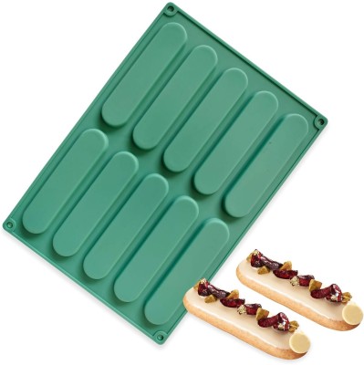 BAKEMO Silicone Cookie/Macroon tray Eclair Cake Pan Baking Silicone 10 Cavity Stick Mini Eclair Cookie Biscuits Cake Decoration,Chocolate, Pastry, Muffin, Bread, Ice Cube Flaxible & Reusable Mold(Pack of 1)