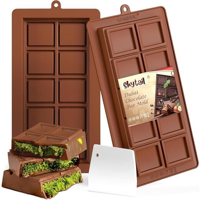 Husaini Mart Silicone Fondant & Gum paste Mould Skytail Break Apart Chocolate Bar Mould with Scraper Silicone Deep Chocolate Bar Mould Thick Candy Mold Non-Stick Dubai Pistachio Knafeh Kunafa Chocolate Bar Mold Baking Brownie Party Treats for Kids(Pack of 1)