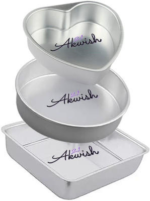 Akwish Aluminium Cake Mould Heart /Round/Square Shape Aluminium Cake Mould / Cake Tins set + cake baking set(Pack of 3)