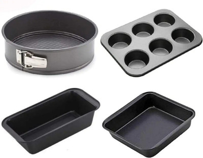 qaaf store Carbon Steel Cake Mould Cake Making Combo of Bread Loaf Pan and 6 Slot Cup Cake Muffin Tray with Round and Square Shape Cake Mould | Cake Baking and Decorating Tools | Kitchen Tools Set | 4 in 1 Mould Set(Pack of 1)