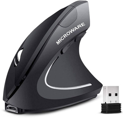 microware Rechargeable 2.4GHz Optical Vertical Wireless Mouse Wireless Ambidextrous Optical  Gaming Mouse(2.4GHz Wireless, Black)