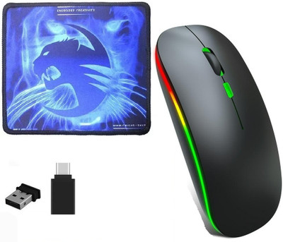 FKU ULTRA SLIM 2.4Ghz WIRELESS MOUSE WITH Blue Neon Cat Mousepad & TYPE C CONNECTER Wireless Optical Mouse(2.4GHz Wireless, Black)
