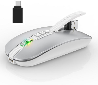FKU F_MOUSE 2.4GHz Wireless + Bluetooth 5.1 Mouse, Dual Mode Slim Rechargeable Wireless Ambidextrous Optical  Gaming Mouse  with Bluetooth(2.4GHz Wireless, Bluetooth, Silver)