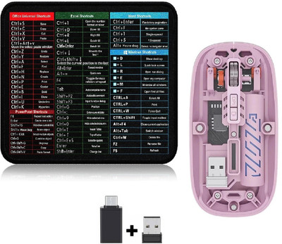 ROQ Type-C Adapter & USB Receiver with 2.4G Slim Rechargeable Wireless Ergonomic Optical Mouse  with Bluetooth(USB 2.0, Pink)