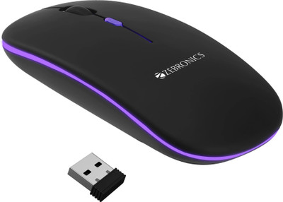 ZEBRONICS Blanc Wireless Ambidextrous Optical Mouse Slim Wireless Mouse, Rechargeable, 1600 DPI, Silent, RGB  with Bluetooth(2.4GHz Wireless, Bluetooth, Black)