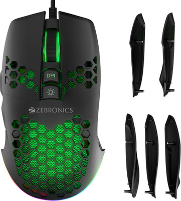 ZEBRONICS Crosshair Wired Ambidextrous Optical  Gaming Mouse Premium Gaming Mouse with 7200 DPI, Magnetic Side Plates, RGB(USB 2.0, Black)