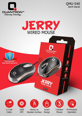 Quantron QMU-540 WIRED USB MOUSE for LAPTOPS/DESKTOPS/DVR/NVR. Wired Ambidextrous Optical Mouse(USB 2.0, Grey)