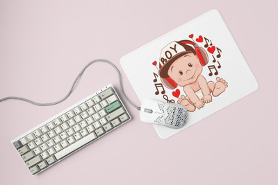 Rushaan Baby With Headphone Printed Mousepads For Music Lovers Non Slip Base Mousepad(White)