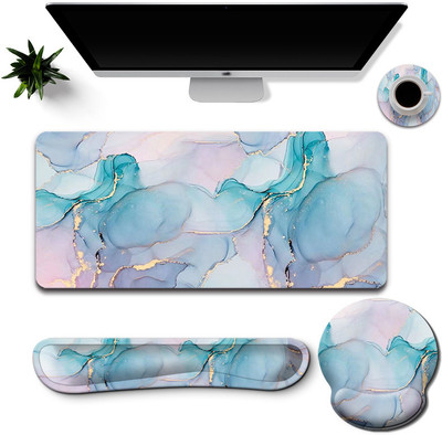 gustave Gaming Mouse Pad Set with Keyboard Wrist Rest Desk Mat and Coaster Blue Marble Non Slip Base Mousepad(Blue)