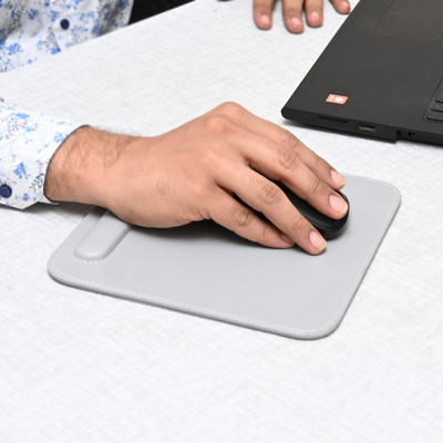 CLADDANDCRAFT Vegan Leather Mouse Pad Wrist Rest Ergonomic Stitched Edge | Cushion Foam Mousepad(Grey)