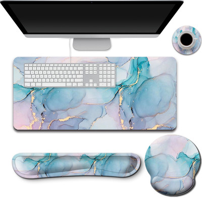 PALAY Gaming Mouse Pad Set with Keyboard Wrist Rest Desk Mat and Coaster Blue Marble Non Slip Base Mousepad(Blue)
