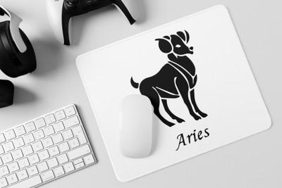 Rushaan Aries symbol (BG Black) - Zodiac Sign Printed Mousepads For Astrology Lovers Non Slip Base Mousepad(White)