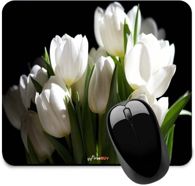 FirseBUY White Tulip Flower Design Printed Mousepad(Multicolor)