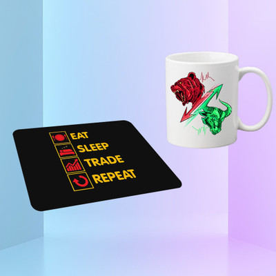 Artefact Eat Sleep Trade Repeat MousePad & Bull & Bear Mug StockMarket,Investment,Equity Non Slip Base Mousepad(Silver)