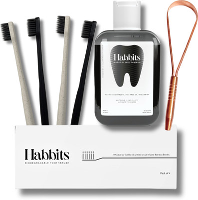 Habbits Natural Whitening Charcoal Mouthwash with WheatStraw Toothbrush & Tongue Cleaner Teeth Whitening Kit