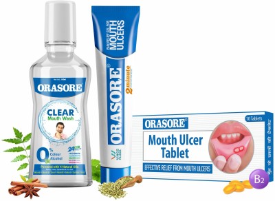 Orasore Oral Care Combo with Mouth Ulcer Gel, Tablets & Clear Mouthwash - Clear(3 No)