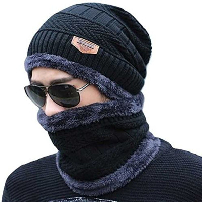 Zonkar Unisex Black Winter woolen Beanie Knit Skull Hats with Neck Warmer for Men Women with Scarf Premium High Quality Cap Self Design Men & Women Muffler