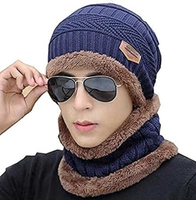 Zonkar Unisex Blue Winter woolen Beanie Knit Skull Hats with Neck Warmer for Men Women with Scarf Premium High Quality Cap Self Design Men & Women Muffler