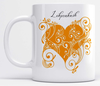 LOROFY Name Lokprakash Printed Orange Heart Design Ceramic Coffee Mug(350 ml)