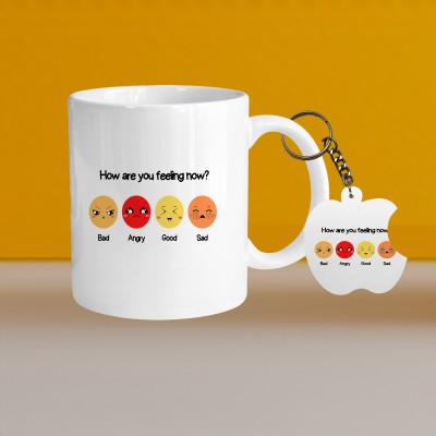 VM SHOPPING MALL 330ml Ceramic White Coffee-how are you feeling now-With Apple Keychain Ceramic Coffee Mug(330 ml, Pack of 2)