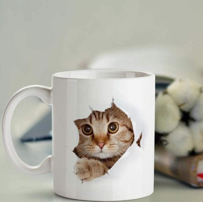 M Enterprises Cat Seeing via Hole Ceramic Coffee Mug(350 ml)