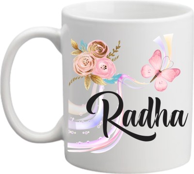 printyug Radha (Name Printed,Floral Design) White Ceramic Coffee Mug(325 ml)