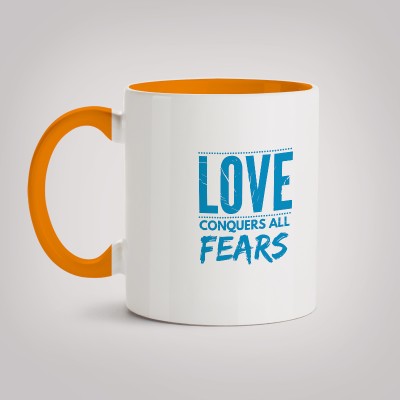 MOTIVATE BOX Ceramic Orange Inner Colour Coffee printed design Love Conquers all Fears Ceramic Coffee Mug(330 ml)