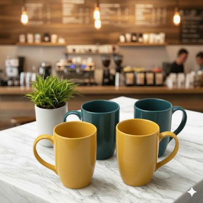 Elegaci Gifts Ceramic Conical Glossy Colored Milk / Coffee For Gifting Ceramic Coffee Mug(350 ml, Pack of 4)