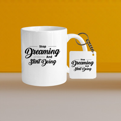 VM SHOPPING MALL 330ml Ceramic White Coffee-stop dreaming and start doing-WithSquare Keychain Ceramic Coffee Mug(330 ml, Pack of 2)