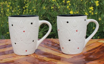 laghima jadon Coffee/Tea/Milk/ Big Size White Matte Inside Black Colour Round Shape 2 Piece Ceramic Coffee Mug(350 ml, Pack of 2)