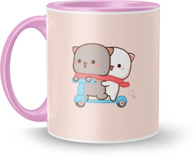 MUGKIN Special Milk&Mocha Bear Printed Inner&Handle Pink Colour Ceramic 350ML (P50) Ceramic Coffee Mug(350 ml)