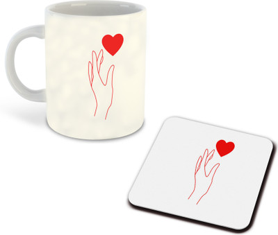 whats your kick new-wyk_Finger Heart Printed White Coffee With Coaster - D37 Ceramic Coffee Mug(325 ml)
