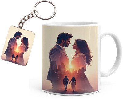 GIVENTA Photo & Text Printed Cup For Birthday , Anniversary Gift White mug + Keychain Ceramic Coffee Mug(350 ml, Pack of 2)