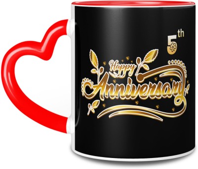 TrendoPrint Happy Anniversary Printed Heart Handle Cup For Friends & Loved Ones-HHMHA-04 Ceramic Coffee Mug(350 ml)