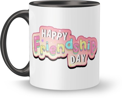 MUGKIN Happy Friendship Day Printed Inner&Handle Coloured Ceramic 350ml (InBlack06) Ceramic Coffee Mug(350 ml)