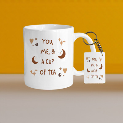 VM SHOPPING MALL 330ml Ceramic White Coffee-you, me & a cup of tea-With Rectangle Keychain Ceramic Coffee Mug(330 ml, Pack of 2)