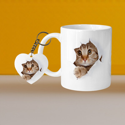 VM SHOPPING MALL Perfect for Coffee and Tea - With Keychain VM Cat Hiding L H Ceramic Coffee Mug(330 ml, Pack of 2)