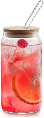 Captain India Transparent Glass Jar with Straw & Bamboo Lid | Reusable Travel Tumbler Glass Tumbler(540 ml)