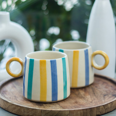 Rare Planet Handcrafted Ceramic Set of 1 with Colorful Stripe Design Ceramic Coffee Mug(350 ml)