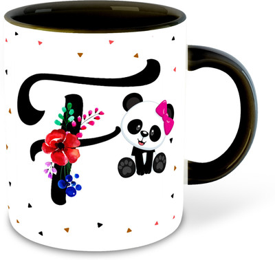 FLEXERSTYLE NEW2025-F Name Alphabet Panda Printed Black Coffee Cup With Coaster - D6 Ceramic Coffee Mug(325 ml)