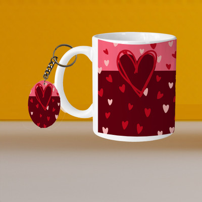 Printhorizon 101_Perfect for Coffee and Tea - With Keychain VM Heart L O Ceramic Coffee Mug(331 ml, Pack of 2)