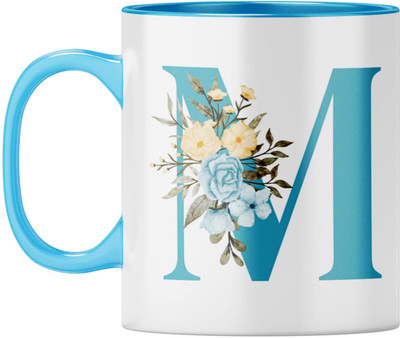 YuBingo Floral Monogram - Initial M Design, Light Blue Inner & Handle Ceramic Coffee Mug(310 ml)