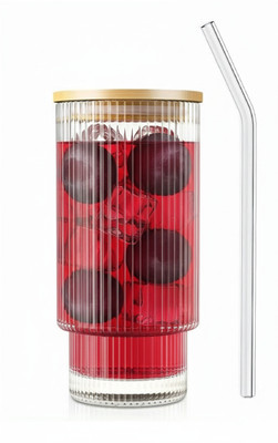 SHIPPLIER Transparent Glass Cup with Bamboo Lid & Straw – Classic Cold Cup Glass Tumbler(400 ml)