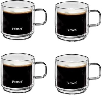 Femora Double Wall Coffee 280ml (9 Ounces), Heat Resistant (Pack of 4) Glass Bath Mug(280 ml, Pack of 4)