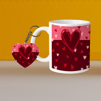 Printhorizon 101_Perfect for Coffee and Tea - With Keychain VM Heart L H Ceramic Coffee Mug(330 ml, Pack of 2)