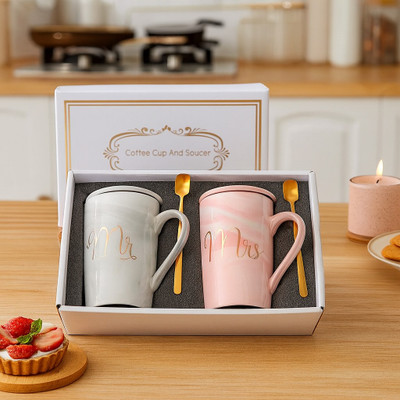 b7 Creations Ceramic Marble Finish Coffee With Lid- Spoon For Anniversary Valentineae Ceramic Coffee Mug(380 ml, Pack of 2)