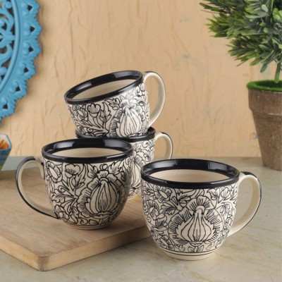 VarEesha Kalamkari Black & White Ceramic Oval Tea/ Coffee Cups Set of Four Ceramic Coffee Mug(250 ml, Pack of 4)